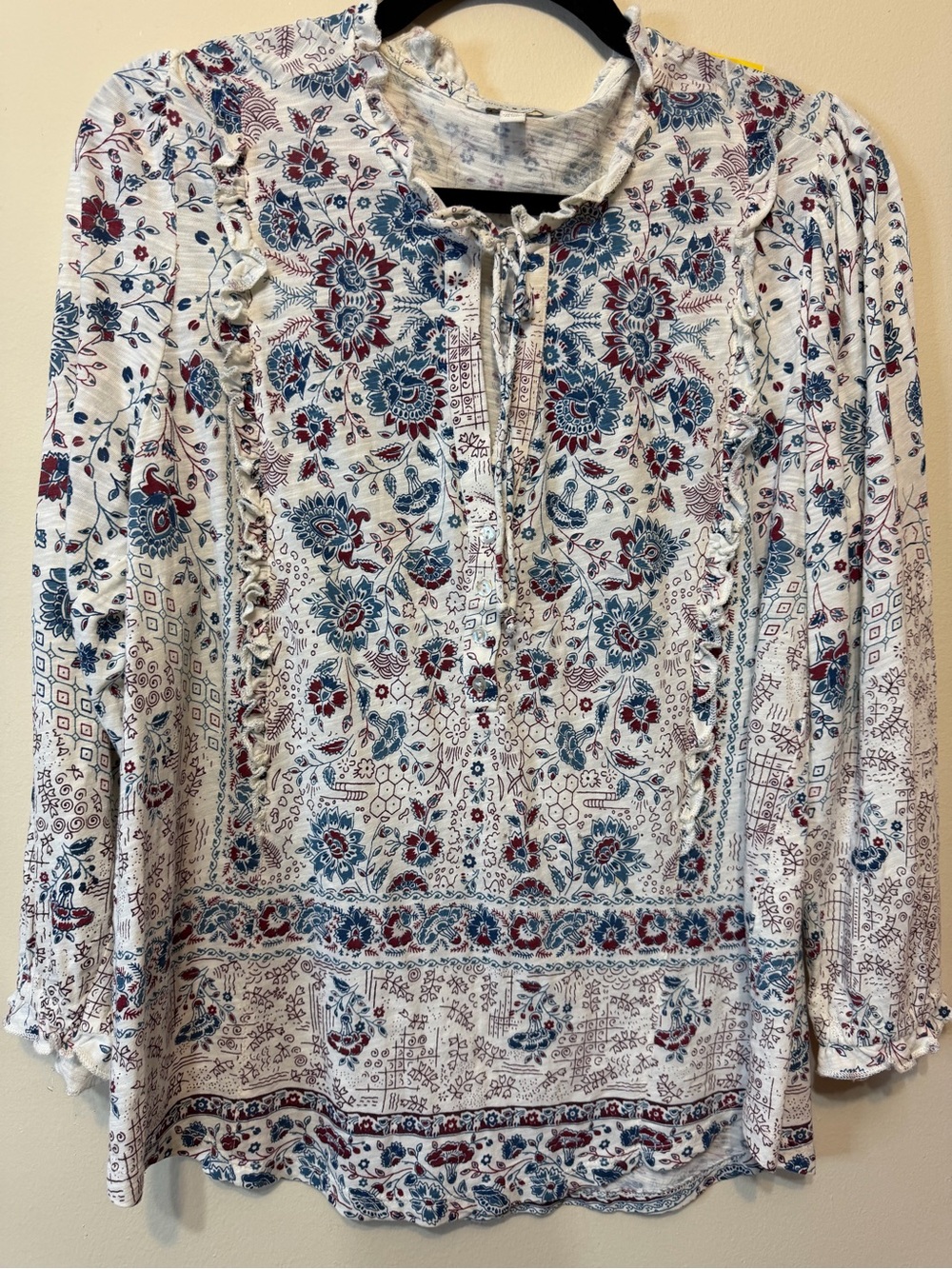 Lucky Brand White Floral Tie-Neck Peasant Blouse with Blue & Red